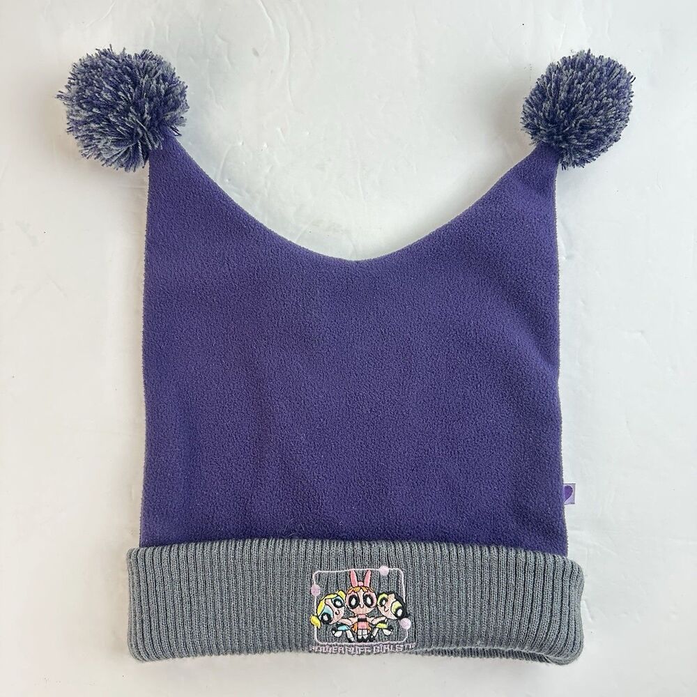 VTG Y2K Powerpuff Girls Jester Hat Cartoon Network Purple Beanie Pom Poms 2000